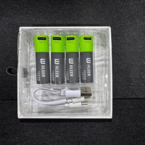 Alana AAA Type C Rechargeable Batteries 4 Pack with green-gray labels and a white USB cable in a tray.