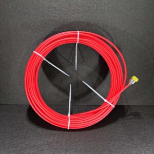 Alana’s 40m red camera cable, 6.8mm thick, with RJ45 yellow clip and four white zip ties on black background.