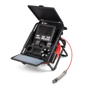 iSpec Compact Pan Tilt inspection camera system with monitor, control panel, keyboard, red cable, and probe.