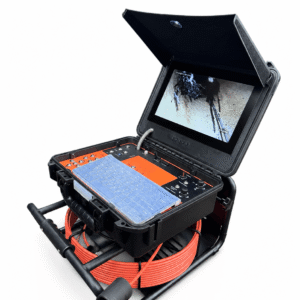 iSpec Compact Pro WiFi portable inspection camera system with monitor, control panel, red cable, and live pipe video
