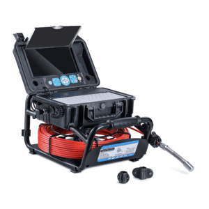 Portable iSpec Compact Reel 23 inspection camera system with monitor, coiled cable, probe, and accessories on white.