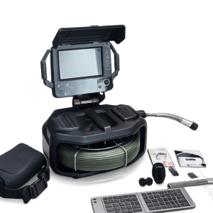 Alana's iSpec Mini 1 WiFi inspection camera system with monitor, cable, probe, case, and manuals on white background.