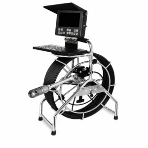 The iSpec Pan Tilt 60 industrial pipe inspection camera system with monitor, control panel, and reel-mounted cable probe.