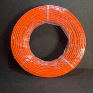 Alana’s 3/16 inch Jetting Hose, 60m and 4060psi, coiled and wrapped in clear plastic, upright against a dark background.