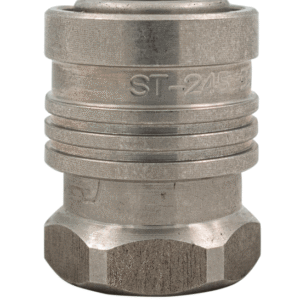 Alana displays a metallic 3/8 inch Quick Connect & Release coupling fitting with engraved markings on a white background.