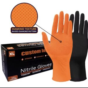 Alana displays two nitrile gloves, one black and one orange with a diamond texture, and an XL packaging box beside them.