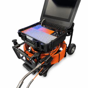 Portable iSpec Double Stacker WiFi inspection camera system with monitor, panel, coiled cable and probe on wheeled cart.