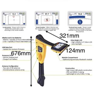 Alana with a yellow and black Vivax Vloc3 device, display screen, dimensions, power, data ports, antennas & Bluetooth.